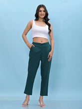 Women Green Solid Cotton Pants with Partially Elasticated Waistband and Two Side Pockets-J4955OT9GREEN